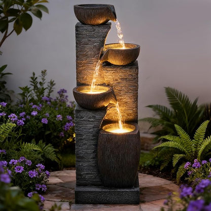 38.2" Tall Water Fountain Outdoor Garden,4 Tiers Modern Cascading Bowls and Stacked Stones Indoor Fountains with LED Lights for Garden, Patio, Deck, Porch, Backyard and Home Art Decor(Grey)