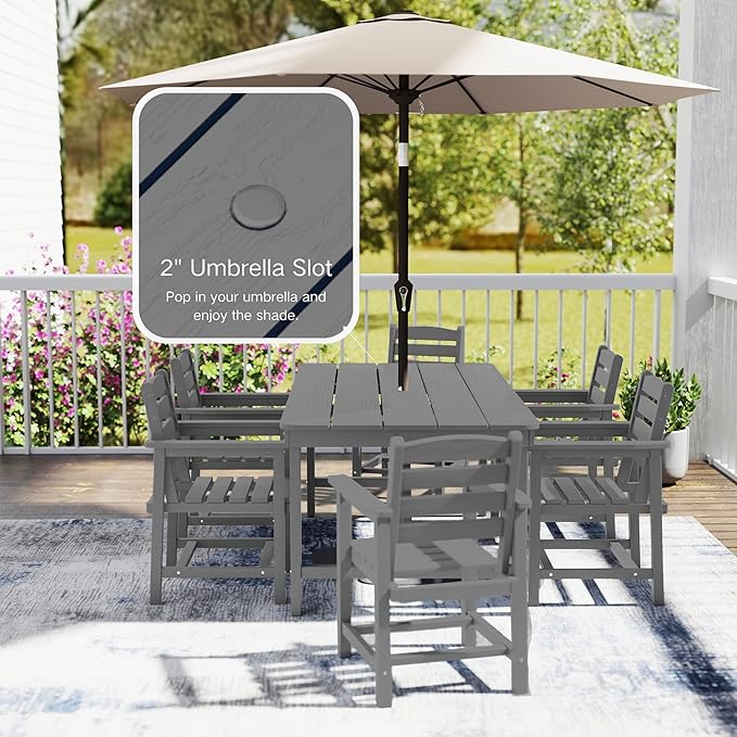 7 Piece Patio Dining Set with 11ft Patio Umbrella (Teal), 7 Gray Outdoor HDPE Dining Set with 6 Chairs + 1 Large Table, for Market, Pool, Garden, Backyard, Deck