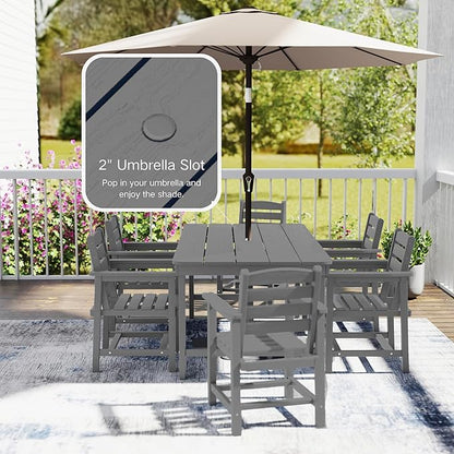 7 Piece Patio Dining Set with 11ft Patio Umbrella (Dark Green), 7 Gray Outdoor HDPE Dining Set with 6 Chairs + 1 Large Table, for Market, Pool, Garden, Backyard, Deck