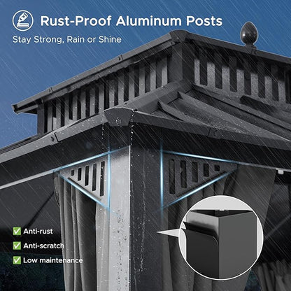 SUNJOY Kingston 10' x 10' Hardtop Gazebo with Galvanized Steel Double Roof, Curtain and Netting, Gray Aluminum Posts Permanent Pavilion Gazebo for Garden, Patio, Deck, Lawn