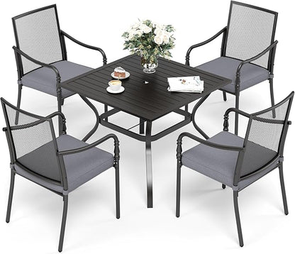 Patio Table and Chairs Set of 4, All-Weather Breathable Metal Mesh Patio Chair with Gourd-Shaped Armrests, 37x37 Square Table with Umbrella Hole, 5 Pcs Metal Frame Patio Dining Set