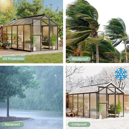 6x10 FT Greenhouse, Easy Assembly Aluminum Polycarbonate Greenhouses for Outdoors with Roof Vent, Large Aluminum Walk-in Greenhouse for Sunroom Patio, Backyard, Garden, Sliding Lockable Door, Black