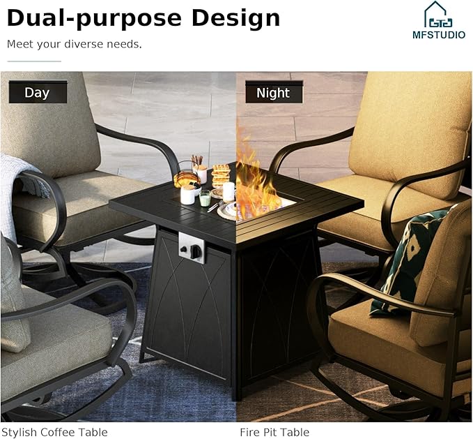 MFSTUDIO 5 Pieces Patio Conversation Sets, Outdoor Metal Furniture Sofas with 1 x 28 50,000 BTU Square Propane Fire Table and 4 x Wrought Iron Frame Swivel Chairs with Beige Cushion