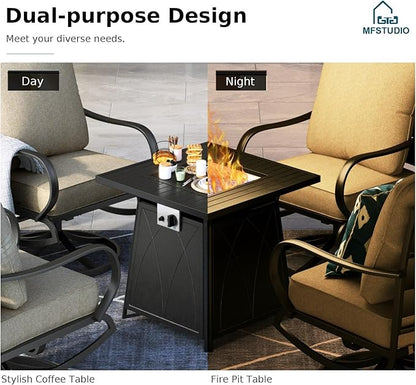 MFSTUDIO 5 Pieces Patio Conversation Sets, Outdoor Metal Furniture Sofas with 1 x 28 50,000 BTU Square Propane Fire Table and 4 x Wrought Iron Frame Swivel Chairs with Beige Cushion