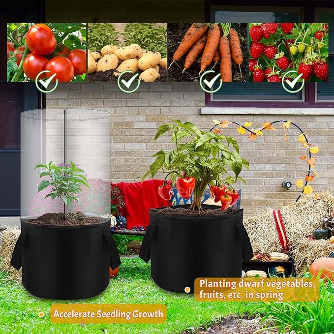 2PCS Mini Plant Greenhouse with Felt Planting Bag Round Planter Winter Garden Pot Covers Transparent Plant Frost Protection Cover with Support Rod for Outdoor Plants or Seedlings, 29.5" X 11.8"