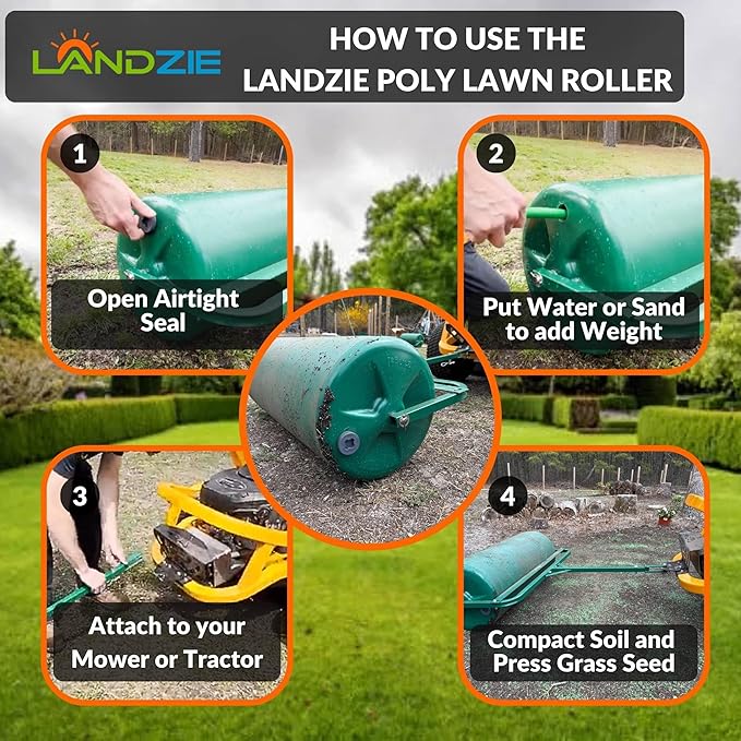 Landzie 36 Inch Poly Lawn Roller – 21.1 Gallon Heavy Duty Sod and Yard Roller for Boosting Seed to Soil Contact - Water Filled Barrel Presses in Grass Seed to Improve Germination - Lawn Flattener