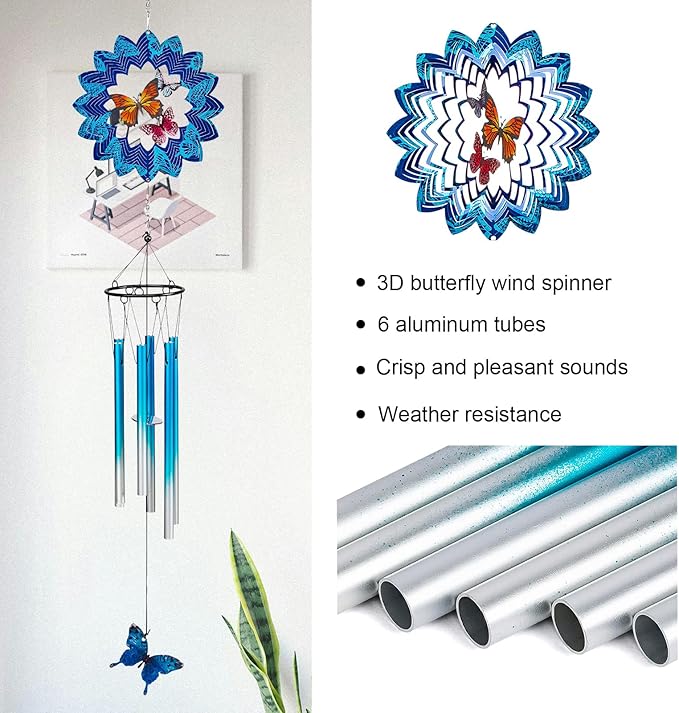 TUOKING Wind Chimes for Outside 3D Butterfly Wind Spinner Windchimes Outdoor Yard Hanging Decor for Garden Patio, Unique Gift for Mom,Women,Chimes Lovers