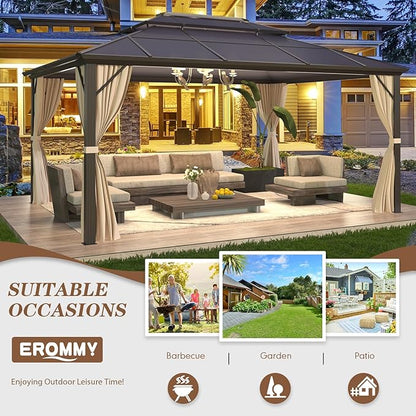 EROMMY 12'x16' Gazebo Polycarbonate Double Roof Pavilion Gazebo Outdoor Aluminum Frame Canopy with Netting and Curtains for Garden Patio Lawns Parties