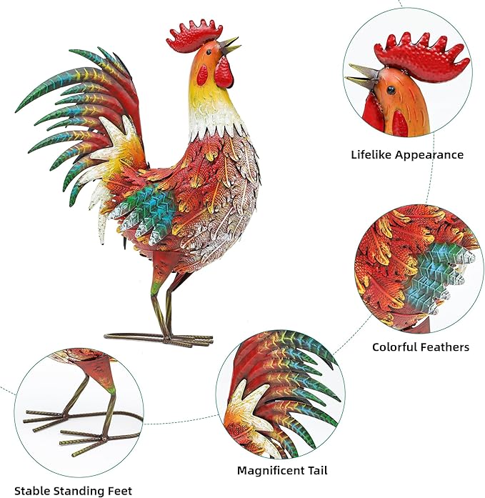 21in Metal Rooster Yard Decor, Outdoor Garden Statues, Metal Chicken Sculpture for Backyard Garden Patio Kitchen Décor
