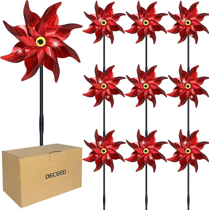 10 PCS Reflective Pinwheels for Yard and Garden Bird Devices Pre-Installed Sparkly Wind Spinner Deterrent to Scare Birds Away from Yard Patio Farm (Red)