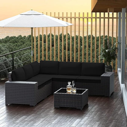 Outdoor Patio Furniture Set, 6 PCS Outdoor Furniture All Weather Patio Sectional Sofa PE Wicker Modular Conversation Sets with Coffee Table,5 Chairs & Seat Clips Black