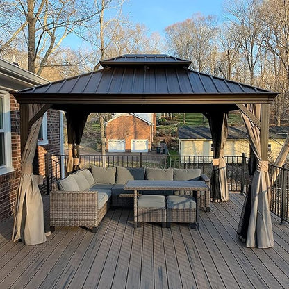 Domi 10' X 12' Hardtop Gazebo Permanent Outdoor Gazebo with Galvanized Steel Double Roof, Aluminum Frame, Curtains and Netting for Patio Lawn and Garden, Brown