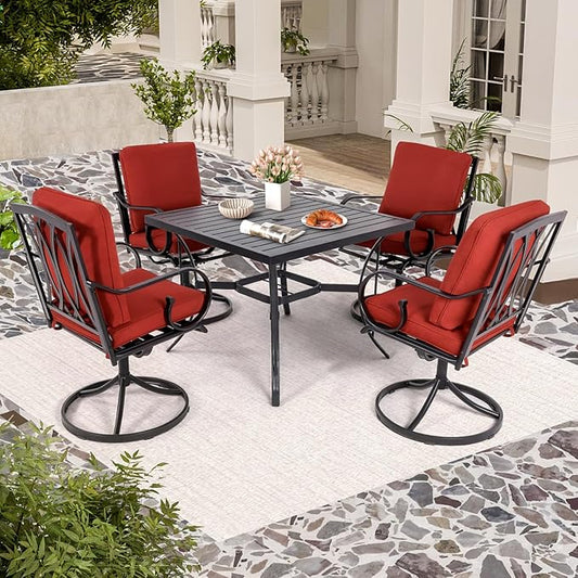 MELLCOM Patio Swivel Chairs Set of 4, Heavy Duty Outdoor Dining Chairs with Thickened Cushions, Metal Patio Chairs Gentle Rocker for Outside, Backyard, Red