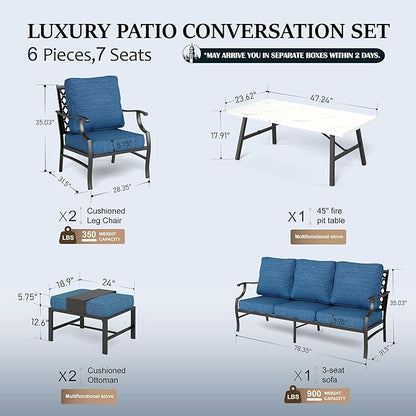 HERA'S HOUSE 6 Piece Patio Furniture Set, 2 x Metal Cushioned Chair, 2 x Cushioned Ottoman, 1 x 3-Seat Sofa with Marbling Coffee Table, Outdoor Conversation Set for Lawn Garden Backyard, Pacific Blue