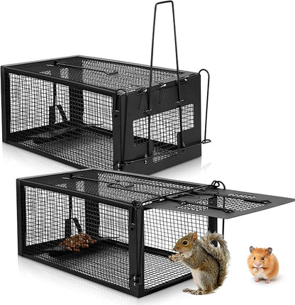 2 Pack Humane Rat Traps - Live Mouse Rat Cage Traps Catch and Release for Indoor Outdoor, Small Animals Traps, Easy to use(12.6''*5.5''*4.7'') Black