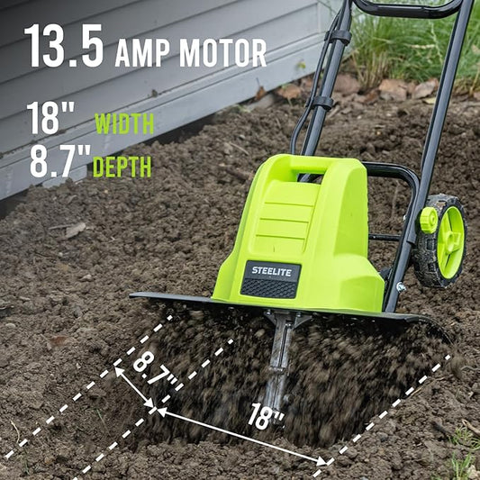 STEELITE 18 Inch Width Electric Tiller Cultivator, 8.7-Inch Depth Electric Rototiller with 24 Durable Steel Tines, 13.5 Amp Corded Cultivator for Gardening, 2-Adjustable Wheels for Garden Lawn Yard