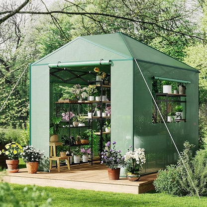 6x8FT Instant Pop-Up Walk-in Greenhouse, Plant Hot House with Galvanized Steel Frame, Green PE Cover, Roll-Up Zipper Door, Portable Large Plant Tent with Ground Pegs & Ropes for Stability