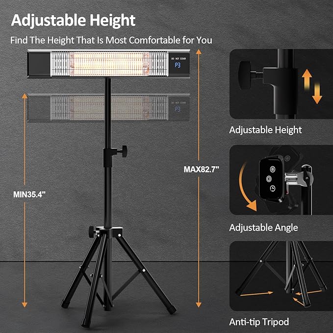 Outdoor Heaters for Patio, Patio Heater with Remote,3 Heat Level&24H Timer, IP65, Overheat Protection, Wall Mount/Tripod, Infrared Electric Patio Heaters for Outdoor Use, Garage, Porch, Indoor