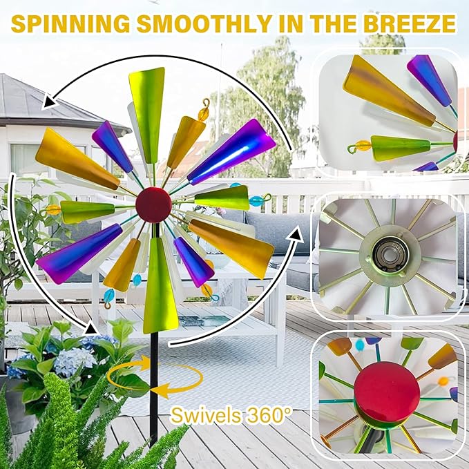 45" Rainbow Wind Spinners for Yard and Garden, Double Layered Metal Kinetic Wind Spinner Outdoor Decor, Wind Sculpture Yard Art Decorations for Patio, Lawn & Garden