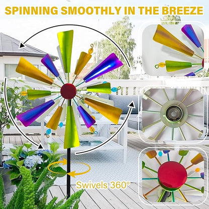 45" Rainbow Wind Spinners for Yard and Garden, Double Layered Metal Kinetic Wind Spinner Outdoor Decor, Wind Sculpture Yard Art Decorations for Patio, Lawn & Garden