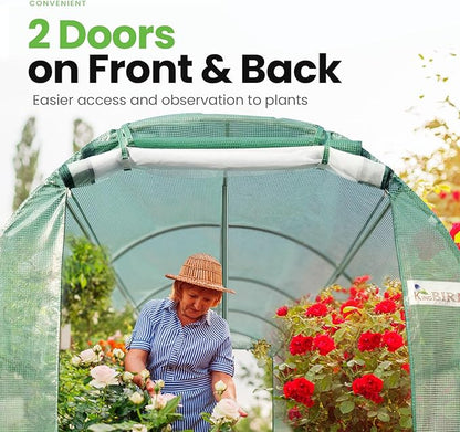 KING BIRD Premium 15x6.6x6.6FT Greenhouse for Outdoors, Large Walk-in Heavy Duty Galvanized Frame, Screen Mesh Door Window Reinforced Zipper Tunnel Hoop for Garden Plant Winter, Green