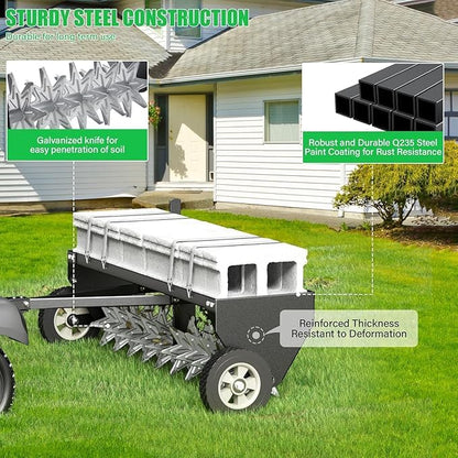 Doniks 40-Inch Tow Behind Plug Aerator with Transport Wheels, Lawn Aerator Tow Behind with Galvanised Steel Tines and Extra-Wide Tow Bar, Pull Behind Aerator for Gardens, Lawns, Farms
