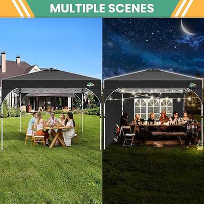 COBIZI 10x10 Pop up Canopy, Canopy Tent 10x10 with 3 Sidewalls, 1 Person Easy Set up，Tents for Parties, Outdoor Tent with Fluorescent Strip & 4 Sandbags, Waterproof, 3 Adjustable Height（Black）
