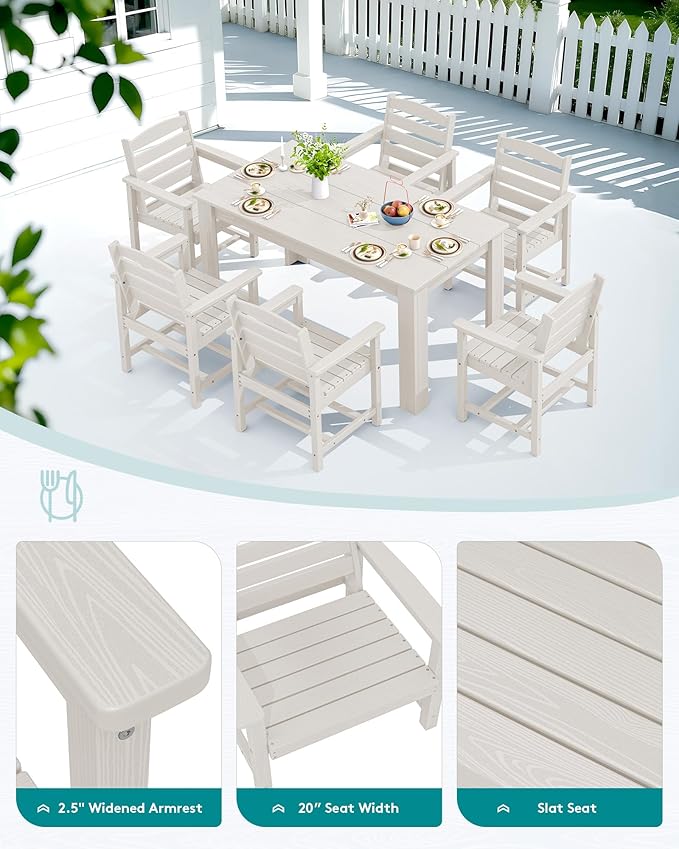 SERWALL Patio Dining Set for 4, Outdoor Dining Sets for 4 Person with 1 Umbrella Hole Cut-Out Rectangular Table and 4 Chairs, HDPE Dining Sets for Garden, Backyard, Poolside, White