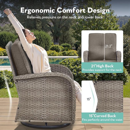 Outdoor Swivel Glider Rocker Chairs Set of 4 - Wicker Patio Furniture Set All Weather Patio Conversatio Sets with 2 Tempered Glass Side Table for Deck Backyard - Grey Wicker Grey Cushion