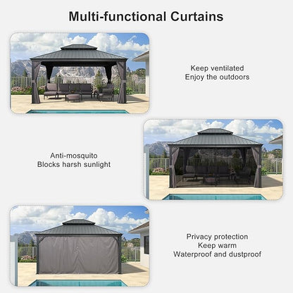 PURPLE LEAF 13' X 15' Permanent Gazebo with Metal Roof Outdoor Hardtop Gazebo with Light for Patio Lawn and Garden Curtains and Netting Included Grey