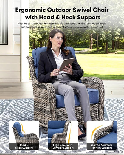 HUMMUH Outdoor Patio Wicker Swivel Rocker Chairs Set of 2 with 6-Inch Thick Cushion High Back Wicker Conversation Set for Porch Balcony Deck