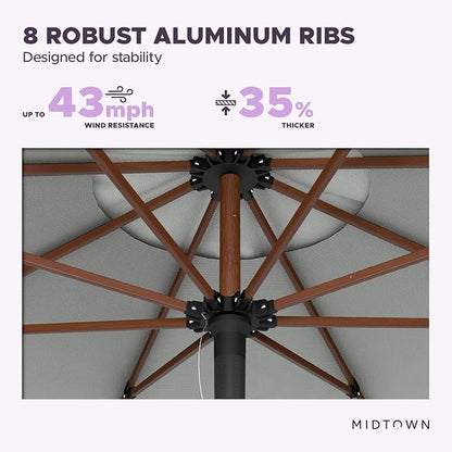 Midtown Umbrellas The Wooden 10 Feet Patio Umbrella With Terylast Matter (Grey) Polyester Fabric - Aluminum Frame Market Umbrella For Backyard, Deck, Garden, Pool - Wooden Pole
