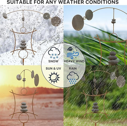 Zen Garden Spinner Kinetic Wind Sculpture | Balanced Arch Yard Decor with Rock Cairn and Stake | Relaxing Metal Art Wind Vane | Large | Handmade in The USA