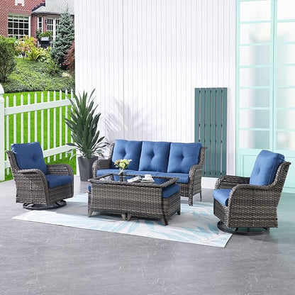 HUMMUH Patio Furniture 6 Pieces Outdoor Furniture Set Wicker Outdoor Sectional Sofa with Swivel Rocking Chairs,Patio Ottomans,Patio Coffee Table, Grey/Blue