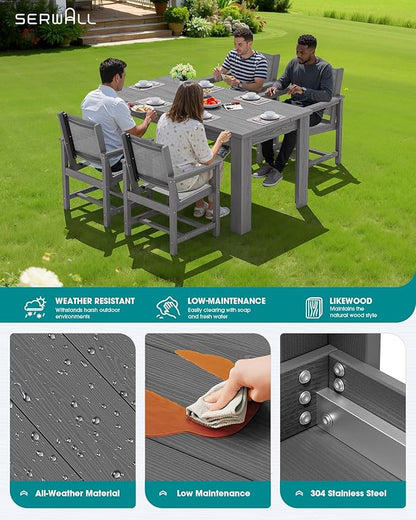 SERWALL 7 Piece Outdoor Dining Table Sets for 6 with 1 Umbrella Hole Cut-Out Rectangular Table and 6 Textilene Chairs, HDPE Dining Table Sets for Garden, Backyard, Poolside, Gray