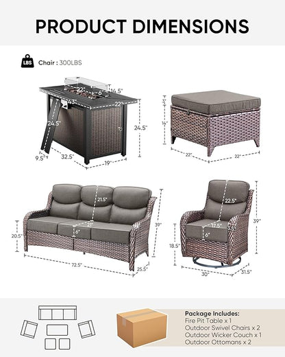 HUMMUH 6 Pieces Patio Furniture Set with Fire Pit High Back Outdoor Furniture Set 6-inch Cushions Wicker Patio Swivel Rocker Chairs for Balcony Garden,Lawn,Deck