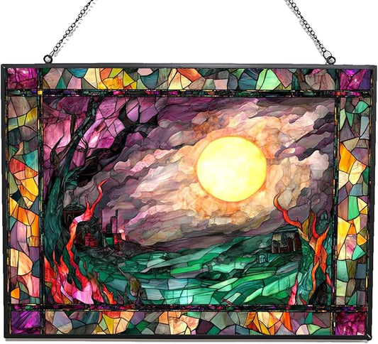 Personalized Rectangle Haunted Night Stained Glass Window Hangings, Handcrafted Stained Glass Suncatchers, Gift for Cat Lovers Nature Lovers 15"x11" Mothers Day