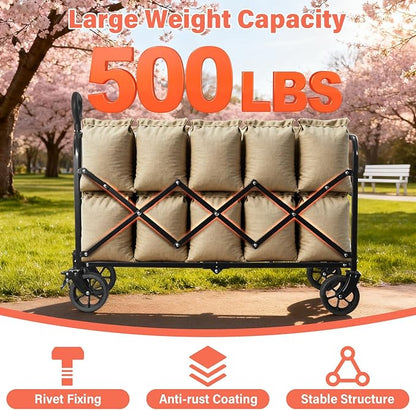 Collapsible Wagon Cart Foldable - Extra Large 500 lbs Capacity Portable Folding Beach Wagon with Wheels - Heavy Duty Utility Cart for Groceries, Shopping, Camping, Sports, Garden - Black
