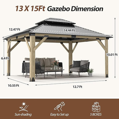 13'x15' Wood Gazebo,Outdoor Hardtop Gazebo with Galvanized Steel Doule Roof, Wooden Frame Gazebos for Patio Backyard Deck