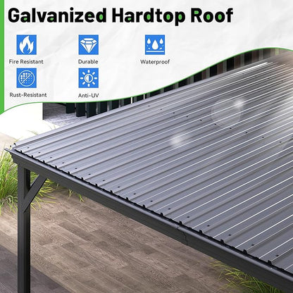 10x12FT Lean to Gazebo, Outdoor Hardtop Wall Mount Gazebo with Gutter & Sloping Galvanized Steel Roof, Metal Hard Top Awnings for Deck, Porch, Backyard