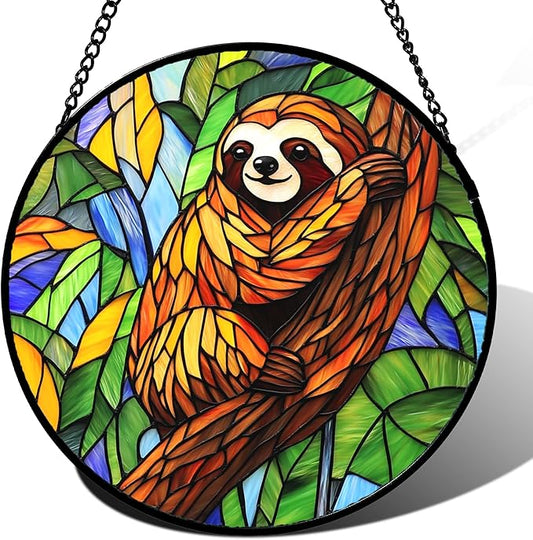Stained Glass Window Hanging - Funny Sloth Suncatcher for Doors Garden Patio Cute Sun Catchers Decor Christmas Mother's Day Birthday Teenager Gifts for Women Men Mom Nana Friend 11.8 in