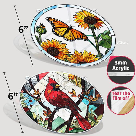 2 Cardinal Butterfly Acrylic Suncatcher, Art Decor for Home, Suncatcher for Window Hanging Indoor, Garden, Housewarming, Gift for Mom, Grandma, Women, Friend, Bird Lover SCB-A6-B4