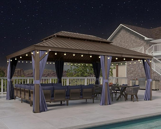 PURPLE LEAF 14' X 20' Outdoor Hardtop Gazebo Patio Wide Aluminum Frame Metal Double Roof with Heavy Duty Netting and Curtains for Permanent Hard Top Pavilion Screen, Navy Blue