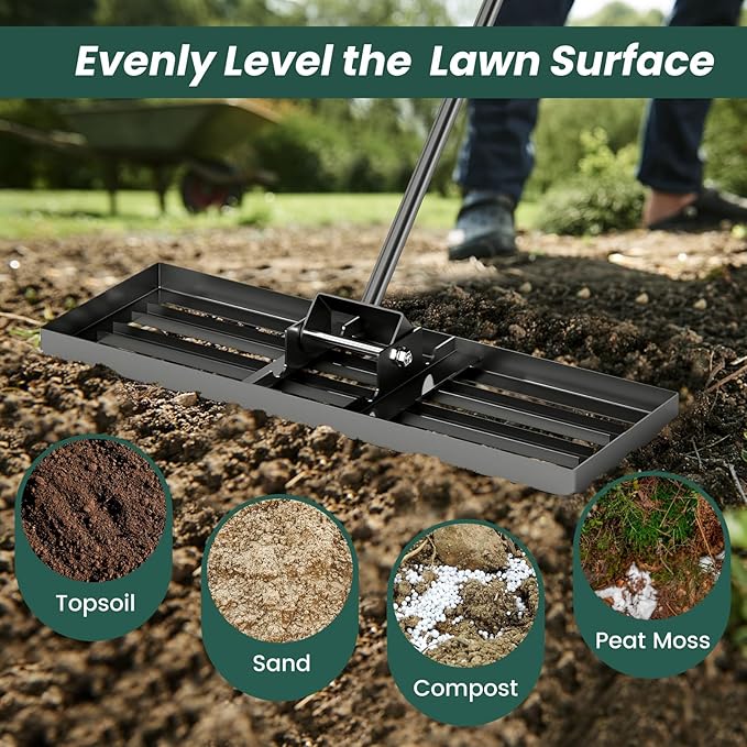 Goplus Lawn Leveling Rake, 30" x 10" Heavy Duty Level Lawn Tool w/ Ergonomic Handle for Soil, Effort-Saving Landscape Rake for Garden, Backyard, Golf Course, Farm, Pasture, Black