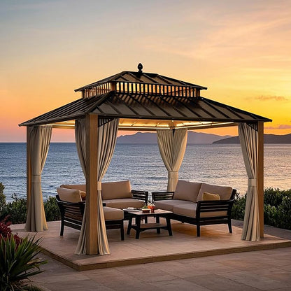 SUNJOY Kingston 12' x 10' Hardtop Gazebo with Galvanized Steel Double Roof, Curtain and Netting, Woodgrain Finish Aluminum Posts Permanent Pavilion Gazebo for Garden, Patio, Deck, Lawn