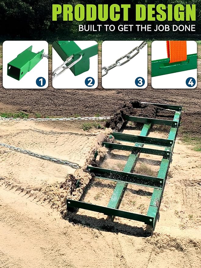 4ft Heavy Duty Drag Harrow for ATV, UTV, Tractor - Adjustable Tow Behind Leveling Rake with Weight Tray for Driveway Grader, Lawn, Field, Pasture, Food Plot Maintenance, Green(48 inch)