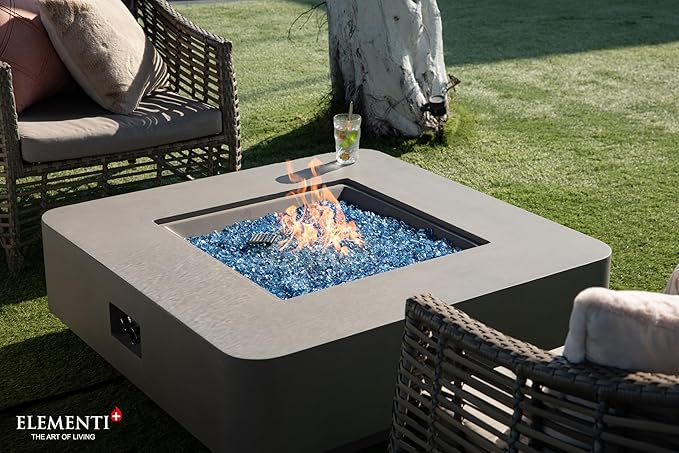 Elementi+ | Bundle Lucerne Gas Fire Pit Cast Concrete 42" Square Fire Table, Outdoor Fire Pit Electronic Ignition | Canvas Cover, Fire Glass and Burner Lid Included | Light Gray | Propane Gas