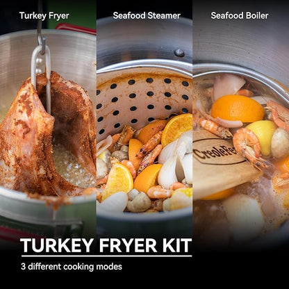 Creole Feast TFP1030 30 Qt. Turkey Fryer and 10 Qt. Fish Fryer Kit with 50,000 BTUs Propane Burner, Outdoor Deep Fryer & Seafood Boiler Steamer for Outdoor Cooking, Silver & Black