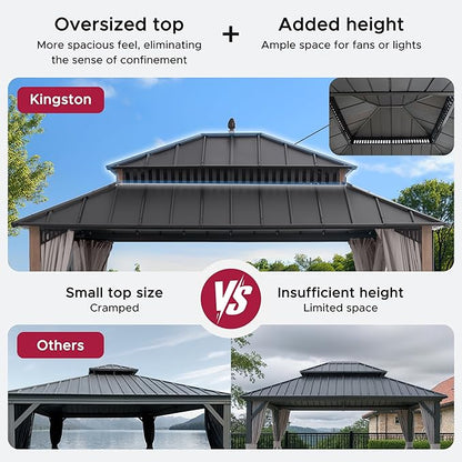 SUNJOY Kingston 14' x 12' Hardtop Gazebo with Galvanized Steel Double Roof, Curtain and Netting, Woodgrain Finish Aluminum Posts Permanent Pavilion Gazebo for Garden, Patio, Deck, Lawn