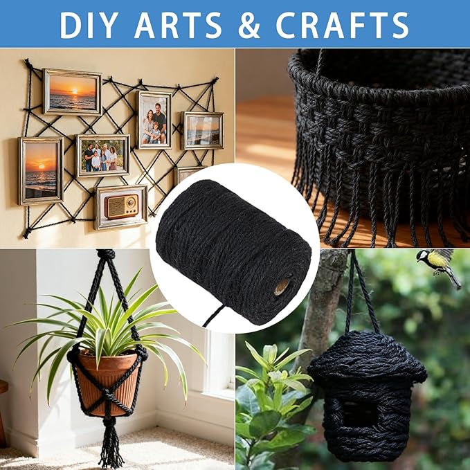 3mm 328 Feet Black Natural Jute Twine, for Crafts Gift, Craft Projects, Wrapping, Bundling, Packing, Holiday Packaging Twine, Gardening and More, Jute Rope to Use Around The House and Garden